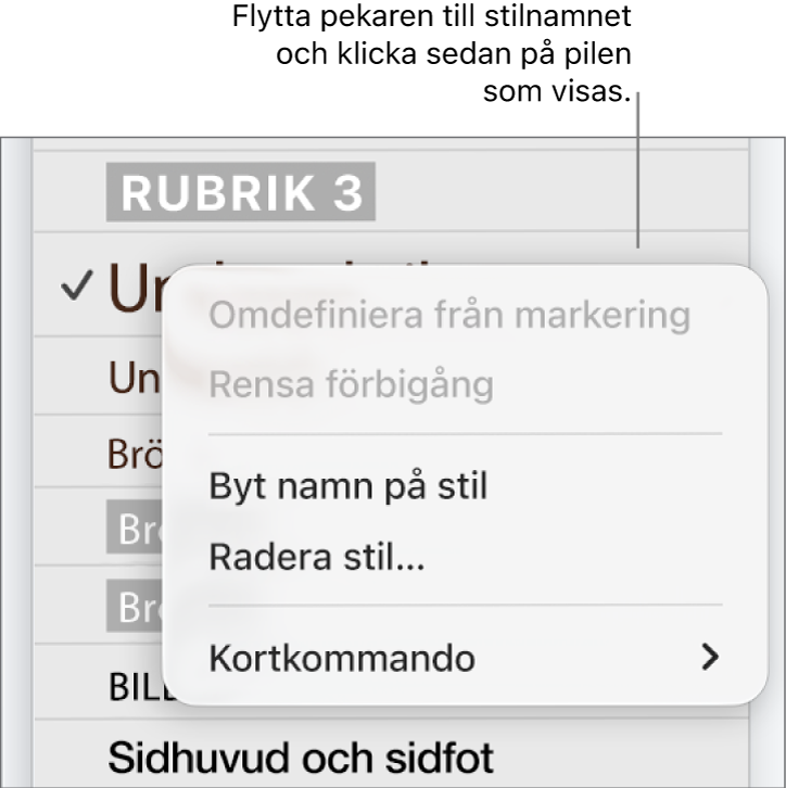 Menyn Styckestilar med öppen kontextmeny.