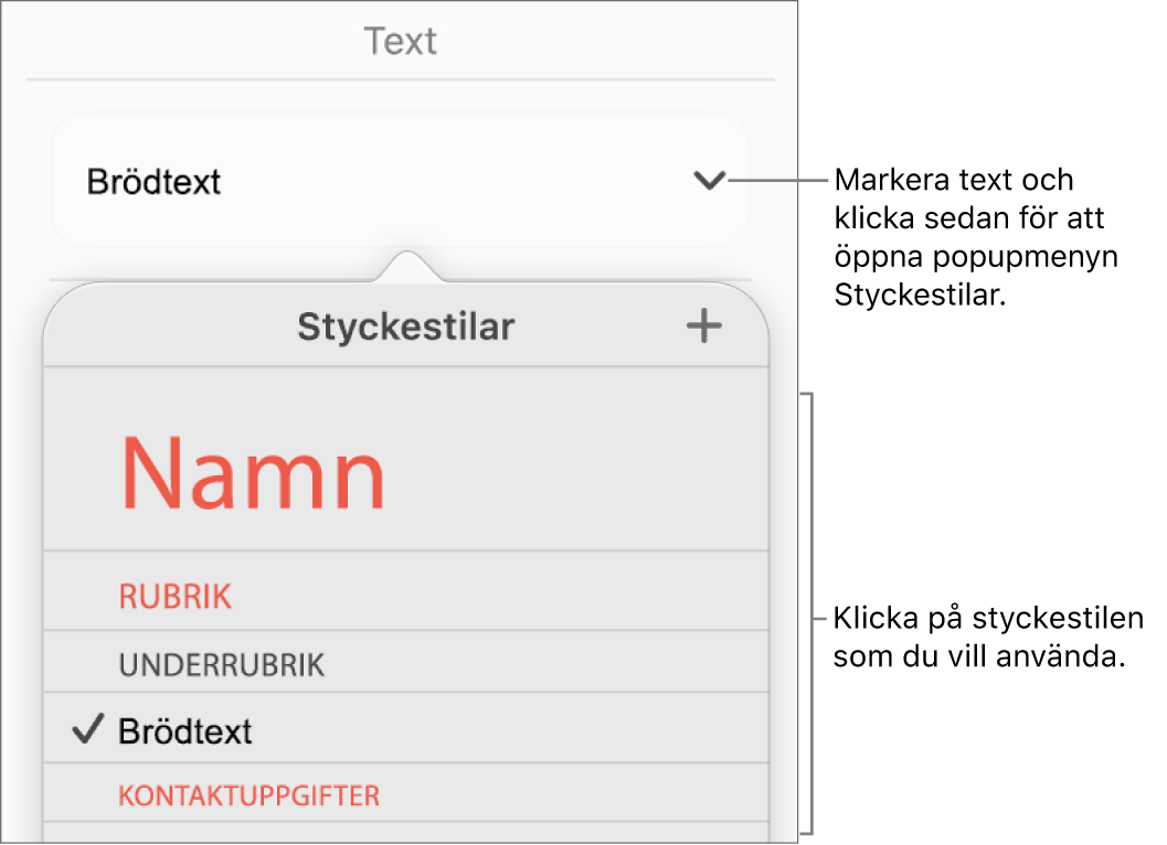 Menyn Styckestilar.
