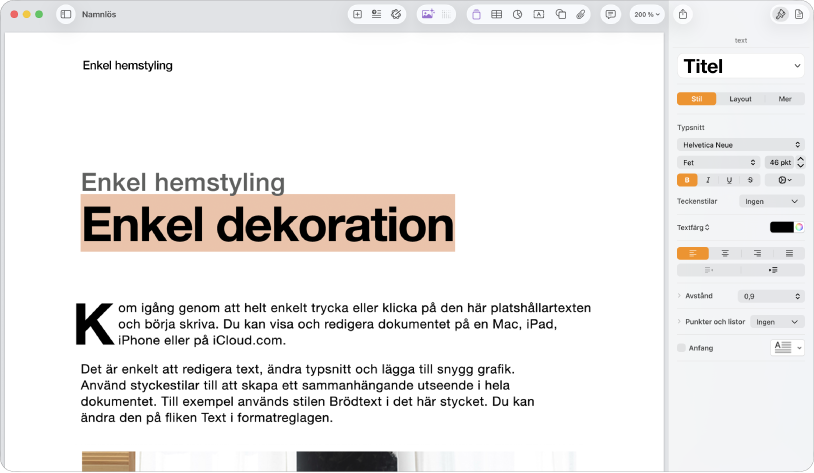 Öppet dokument med formatsidofältet öppet och textfliken markerad.