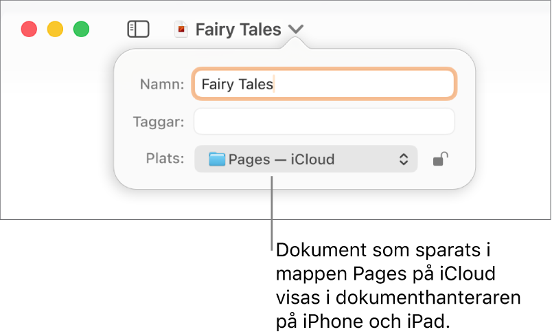 Dialogrutan Spara för ett dokument med Pages – iCloud i popupmenyn Plats.