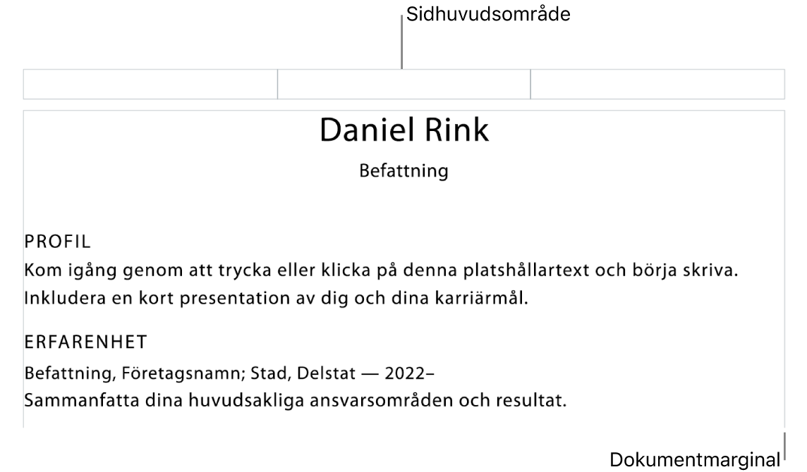 Layoutvyn med sidhuvud och dokumentmarginaler.