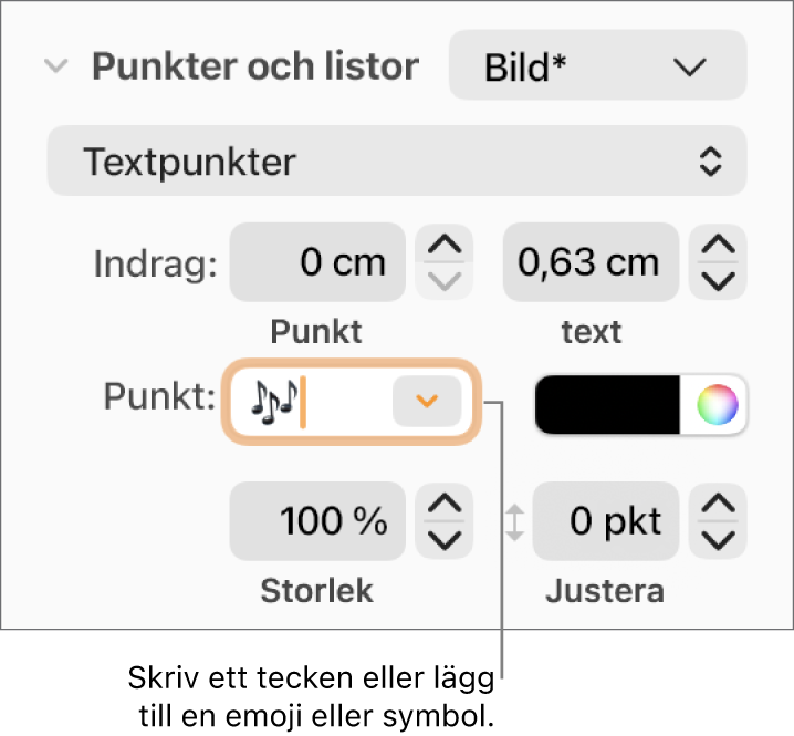 Avsnittet Punkter och listor i formatsidofältet. Fältet Punkt visar en blomemoji.