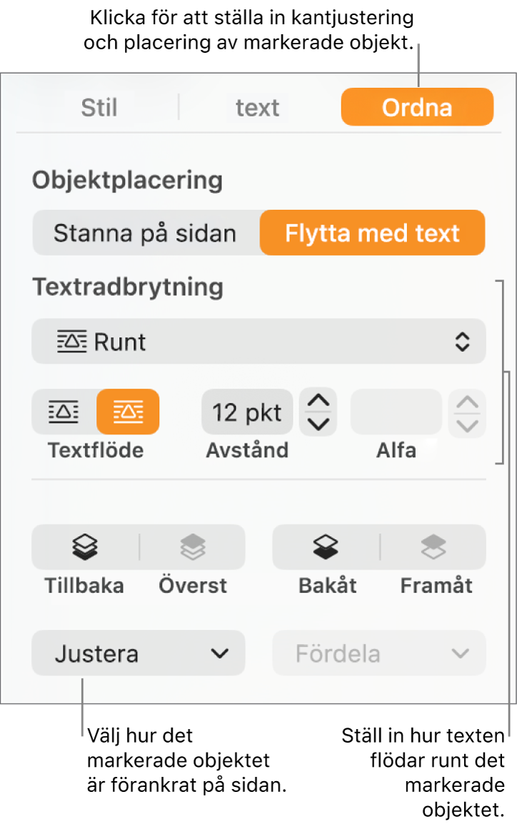 Formatmenyn med sidofältet Ordna synligt. Inställningarna för objektplacering är högst upp i sidofältet Ordna med inställningarna för textbrytning nedanför.