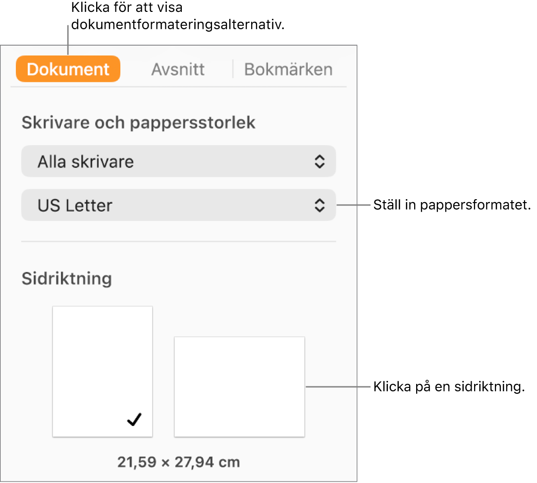 Dokumentsidofältet med fliken Dokument vald överst i sidofältet. I sidofältet finns en popupmeny för att ställa in pappersformatet och knappar för stående och liggande riktning.