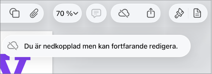 Knapparna överst på skärmen med knappen Samarbete ändrad till ett moln med ett diagonalt streck genom det. Ett meddelande på skärmen säger Du är nedkopplad men kan fortfarande redigera.