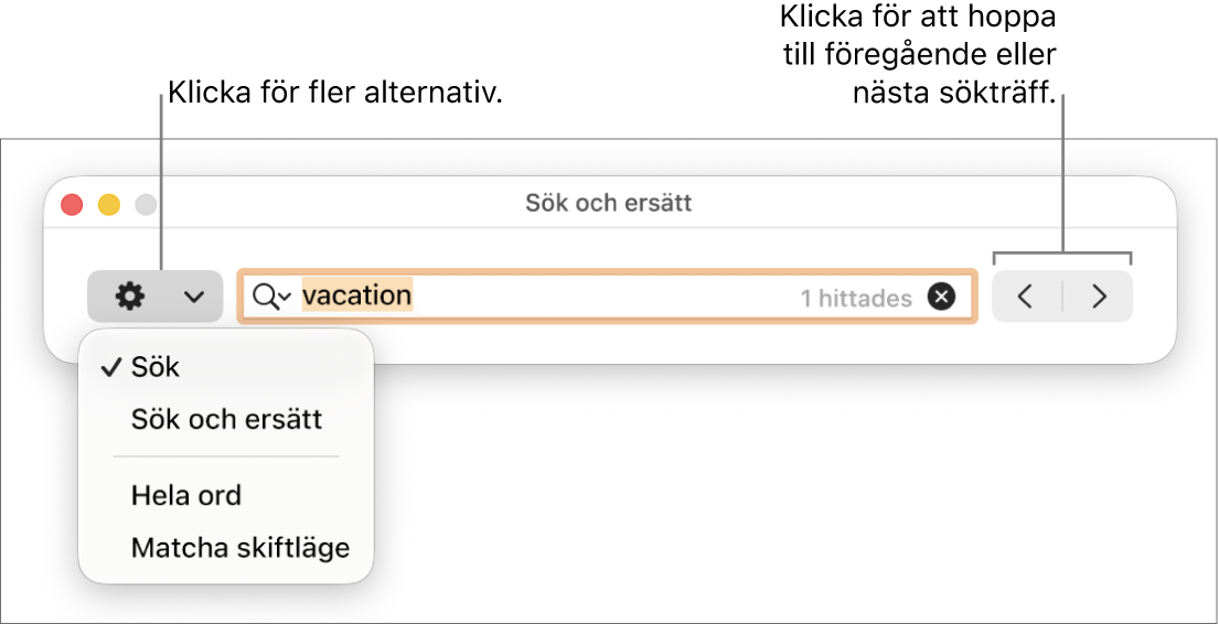 Fönstret Sök och ersätt med popupmenyn som visar alternativ för Sök, Sök och ersätt, Hela ord och Matcha skiftläge. Med pilarna till höger kan du hoppa till föregående eller nästa sökträffar.