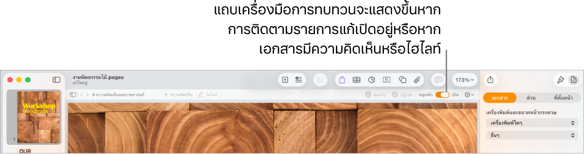 แถบเครื่องมือ Pages ที่มีการติดตามรายการแก้เปิดใช้อยู่ และแถบเครื่องมือทบทวนด้านล่างแถบเครื่องมือ Pages
