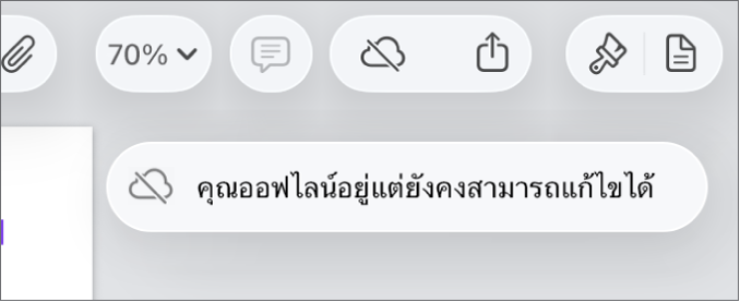 ปุ่มต่างๆ ด้านบนสุดของหน้าจอ ซึ่งมีปุ่มการใช้งานร่วมกันที่เปลี่ยนเป็นรูปเมฆที่มีเส้นทแยงมุมทะลุผ่าน การเตือนบนหน้าจอแจ้งว่า “คุณออฟไลน์อยู่แต่ยังคงสามารถแก้ไขได้”
