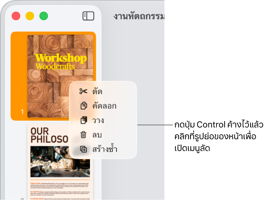 มุมมองรูปย่อของหน้าซึ่งมีรูปย่อหนึ่งถูกเลือกอยู่และเมนูลัดเปิดอยู่