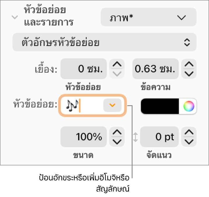 ส่วนสัญลักษณ์ย่อยและรายการของแถบด้านข้างรูปแบบ ช่องสัญลักษณ์หัวข้อย่อยแสดงอิโมจิดอกไม้