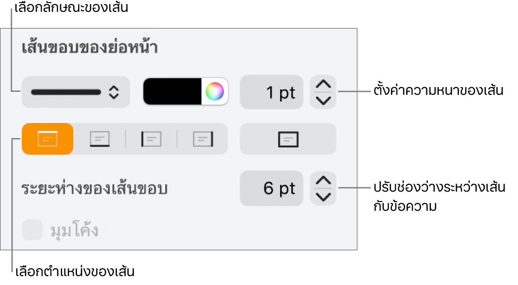 ตัวควบคุมสำหรับเปลี่ยนลักษณะเส้น ความหนา ตำแหน่ง และสี