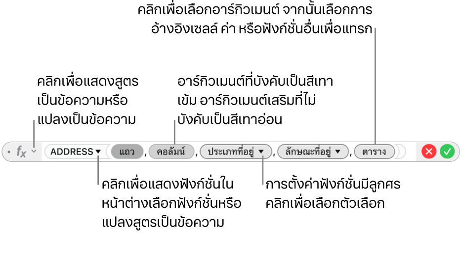 ตัวแก้ไขสูตรที่แสดงฟังก์ชั่น ADDRESS และโทเค็นอาร์กิวเมนต์