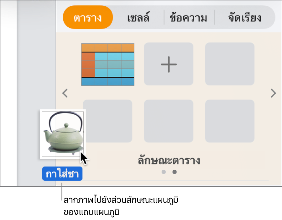 ลากภาพลงในส่วนลักษณะแผนภูมิของแถบด้านข้างเพื่อสร้างลักษณะใหม่