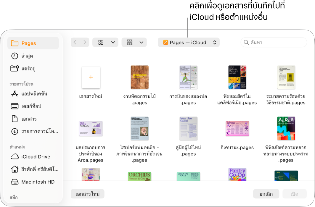 หน้าต่างโต้ตอบ เปิด พร้อมแถบด้านข้างที่เปิดอยู่ทางด้านซ้าย และเลือก iCloud Drive อยู่ในเมนูที่แสดงขึ้นที่ด้านบนสุด โฟลเดอร์ Pages แสดงในหน้าต่างโต้ตอบ พร้อมกับปุ่มเอกสารใหม่