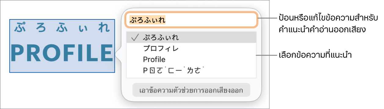 ตัวช่วยการออกเสียงเปิดสำหรับคำ ที่มีคำบรรยายไปยังช่องข้อความและข้อความที่แนะนำ