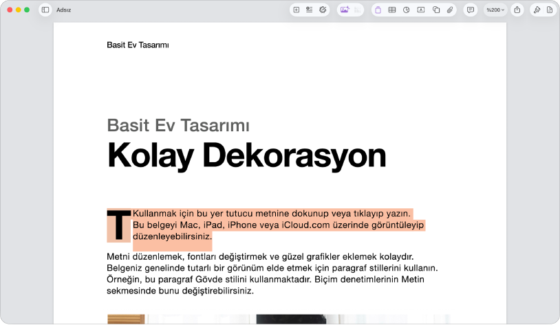 Açık bir belgede şablon yer tutucu metni seçili.