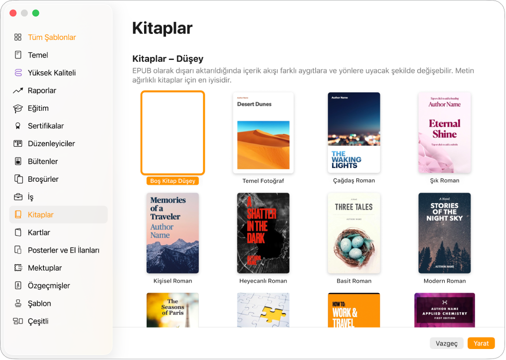 Soldaki kategori listesinde Kitaplar’ın seçili olduğu ve sağ tarafta düşey yönde kitap şablonlarının bulunduğu şablon seçici.