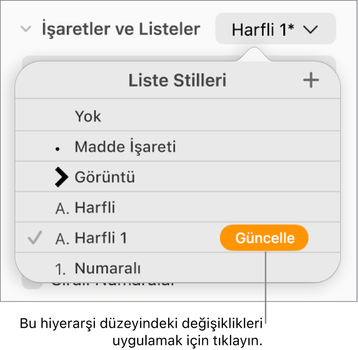 Yeni stilin adının yanında Güncelleme düğmesi olan Liste Stilleri açılır menüsü.
