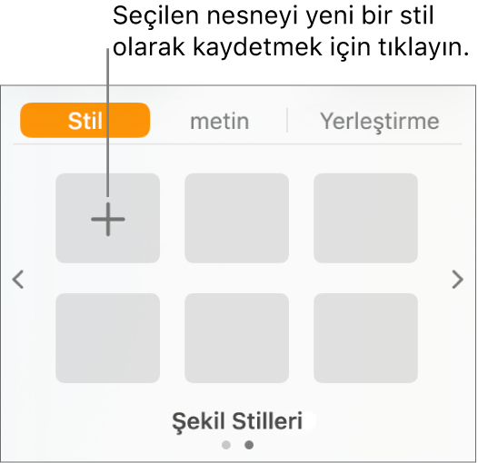 Sol üst köşede Stil Yarat düğmesi ve beş boş stil yer tutucusuyla Biçim kenar çubuğunun Stil sekmesi.