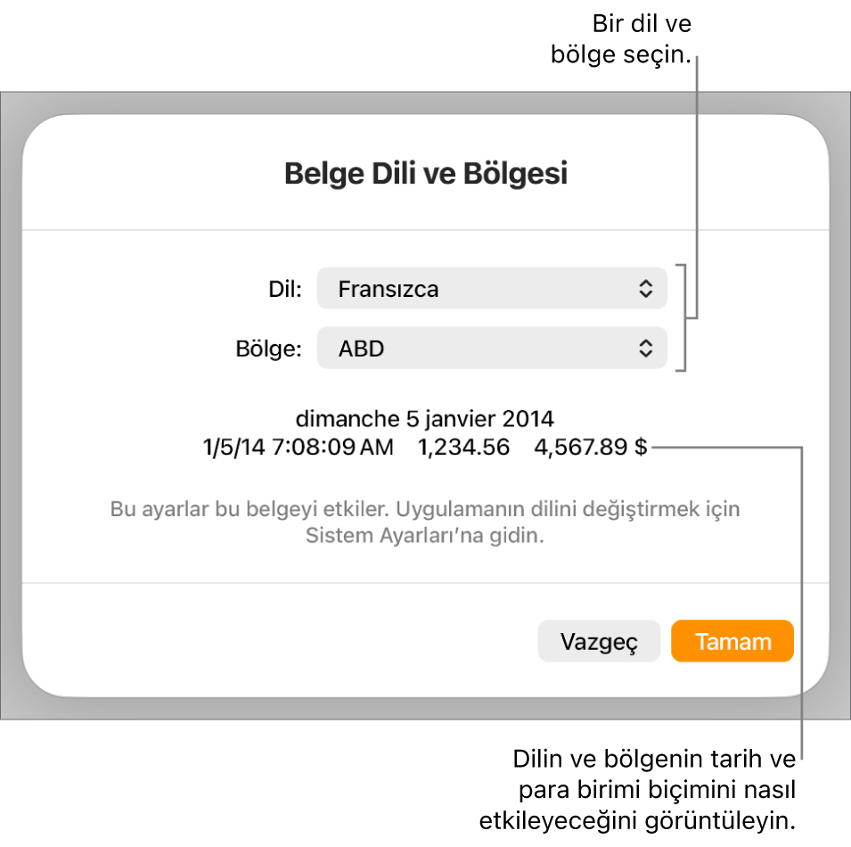 Dil ve bölge denetimleri ve tarih, saat, ondalık ve para birimi de dahil olmak üzere bir biçim örneği ile Dil ve Bölge bölümü.