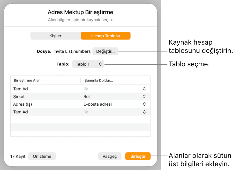 Kaynak dosyayı veya tabloyu değiştirme, birleştirme alanı adlarını önizleme ya da sütun üst bilgilerini alan olarak ekleme seçenekleri ile Birleştirme Alanlarını Önizlemesini Göster bölümü açık.