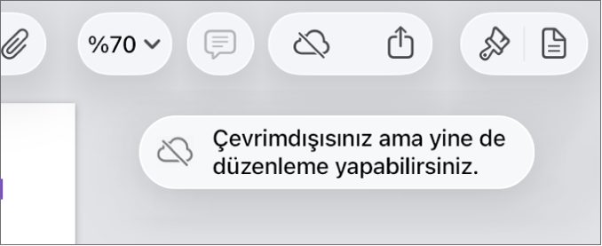 Ekranın en üstündeki düğmeler; Ortak Çalışma düğmesi, üzerinde çapraz bir çizgi olan bir buluta değişmiş. Ekrandaki bir uyarı “Çevrimdışısınız ama yine de düzenleyebilirsiniz” der.