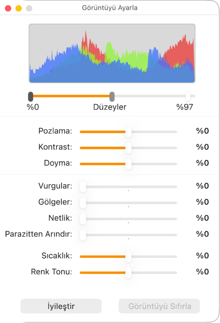Pozlama, kontrast, doygunluk, vurgu, gölge, netlik, parazitten arındırma, sıcaklık ve renk tonu ayarlama sürgülerinin bulunduğu Görüntüyü Ayarla penceresi.