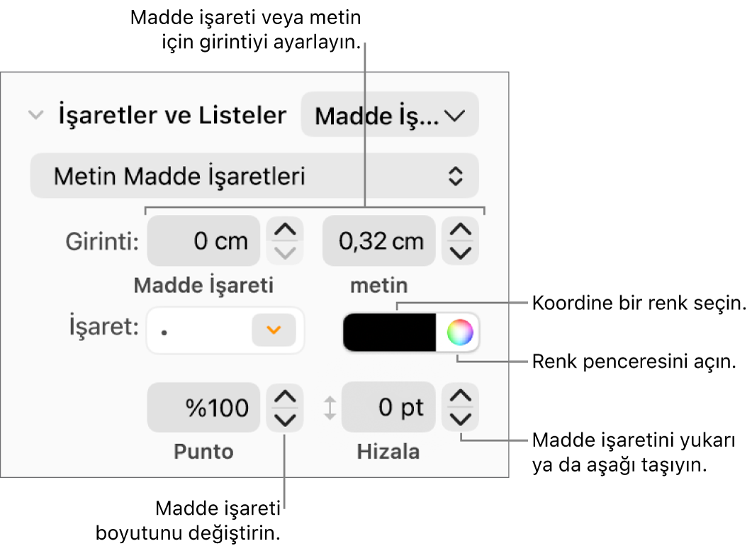 Madde işareti ve metin girintisi, madde işareti rengi, madde işareti büyüklüğü ve hizalaması için denetim belirtimlerini içeren İşaretler ve Listeler bölümü.