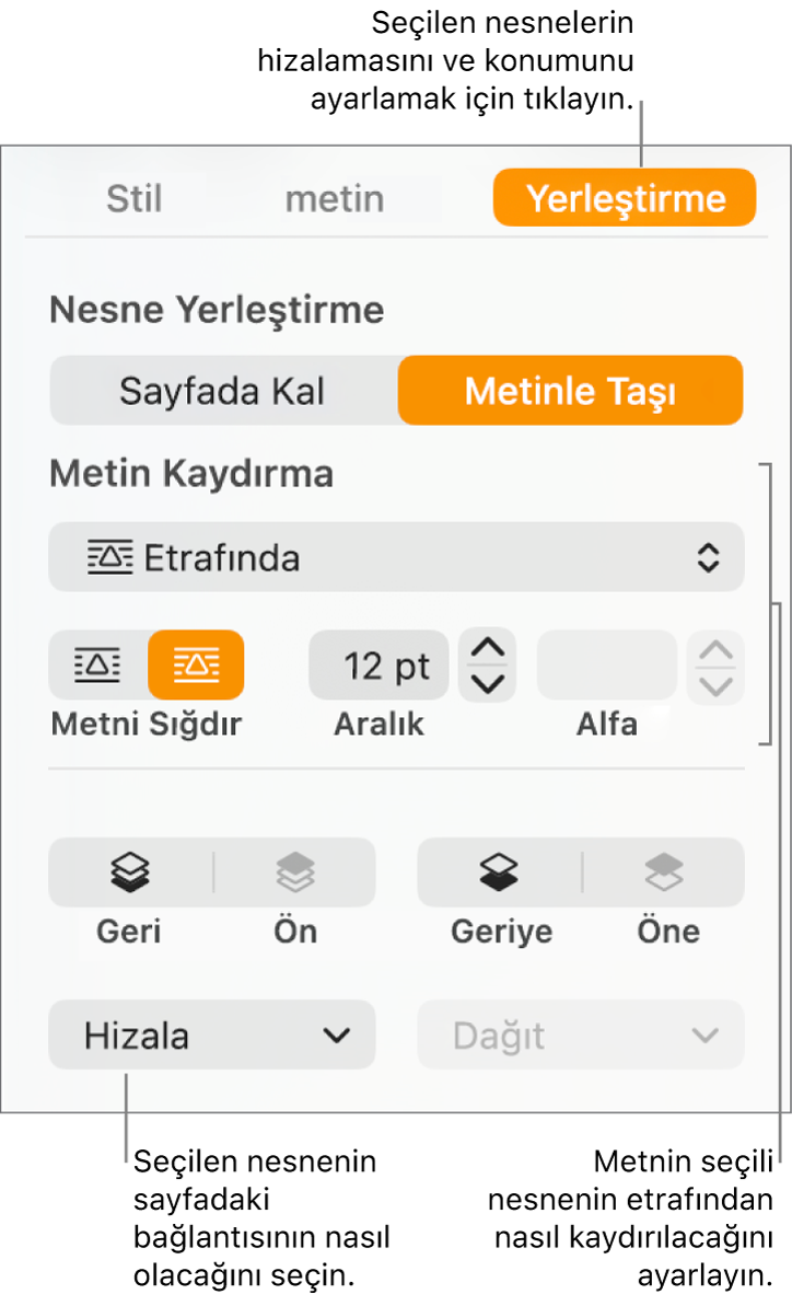 Yerleştir kenar çubuğu görüntülenen Biçim menüsü. Nesne Yerleştirme ayarları, Yerleştir kenar çubuğunun en üstünde, altında Metin Kaydırma ayarları ile yer alır.