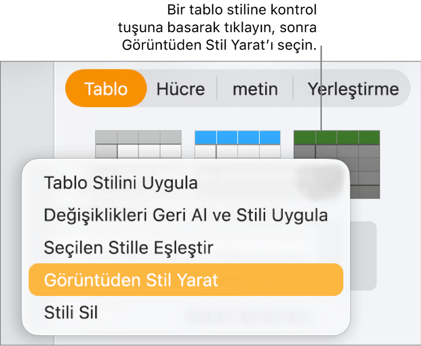 Tablo stili kestirme menüsü.