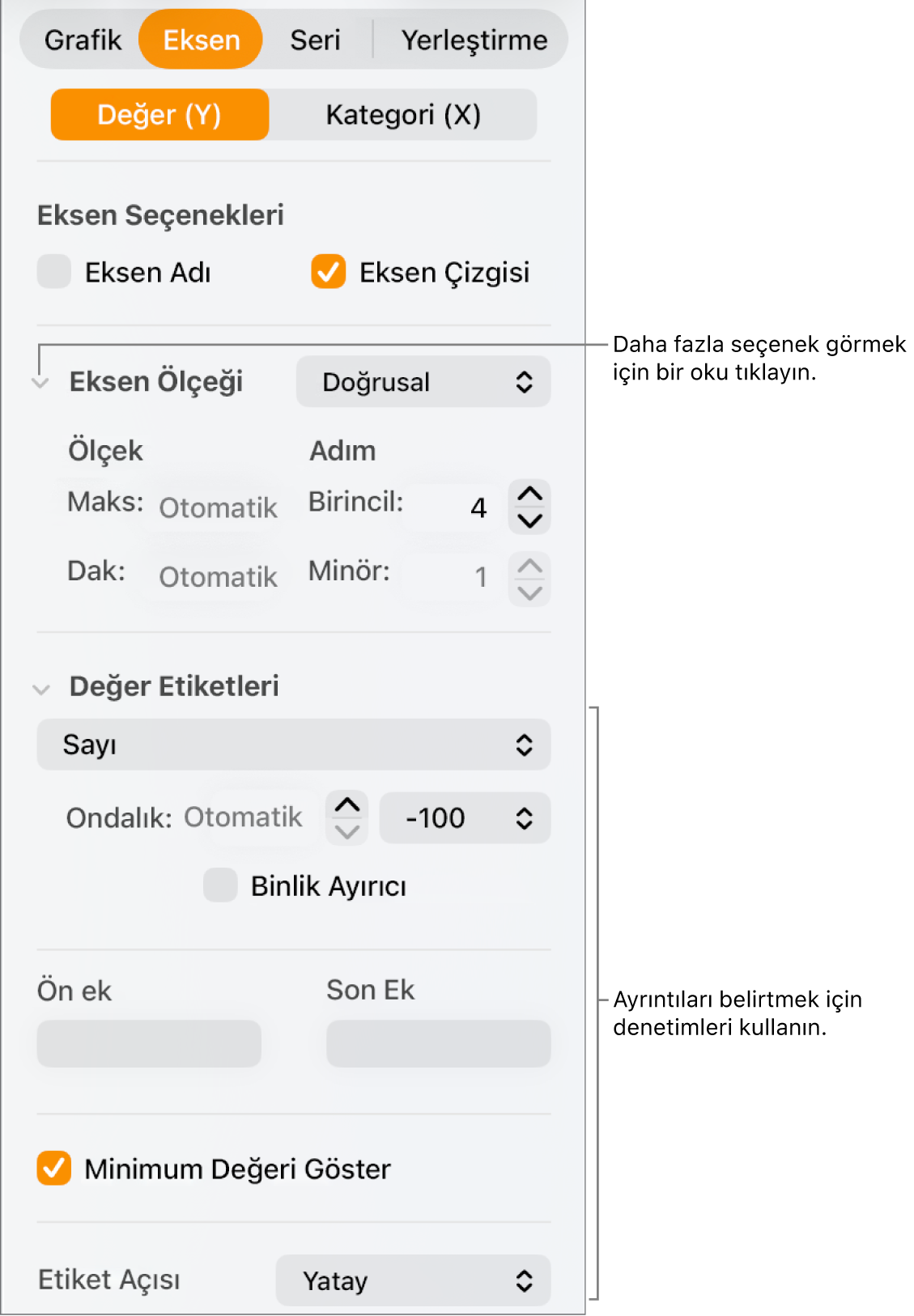 Grafik ekseni işaretlerini biçimleme denetimleri.