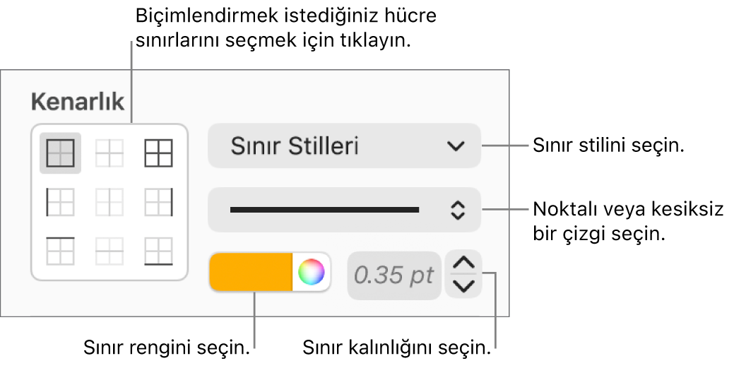 Hücre sınırlarına stil eklemeye ilişkin denetimler.