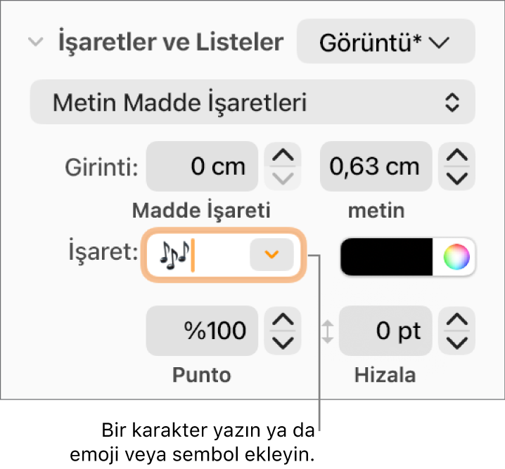 Biçim kenar çubuğunun Madde İşaretleri ve Listeler bölümü. Madde İşareti alanı bir çiçek emojisi gösterir.