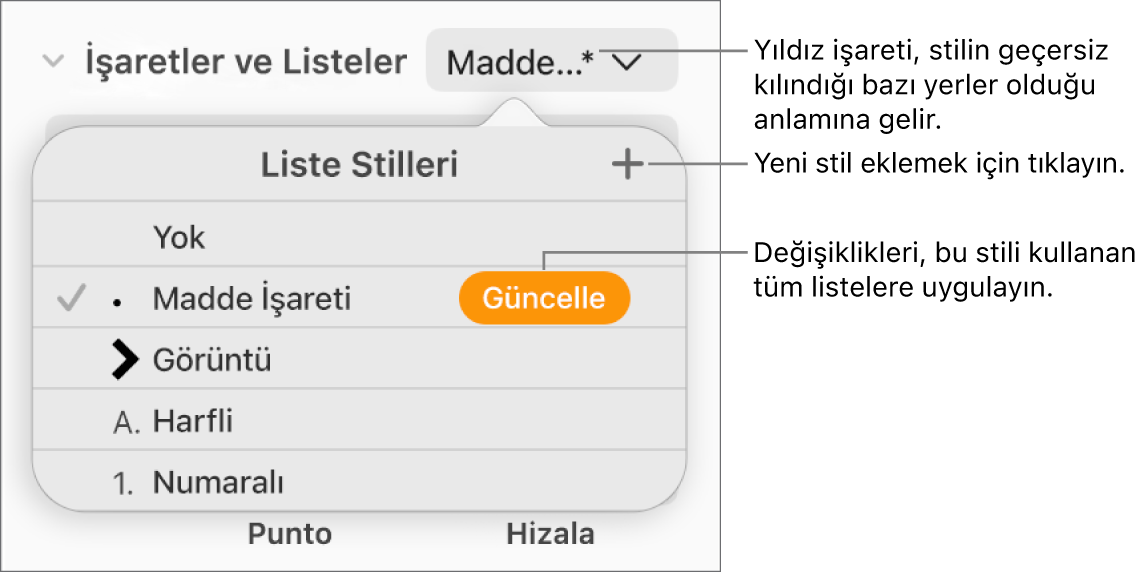 Bir geçersiz kılmayı gösteren bir yıldız işaretinin ve Yeni Stil düğmesi belirtimlerinin göründüğü Liste Stilleri açılır menüsü ve stilleri yönetme seçeneklerini içeren bir alt menü.