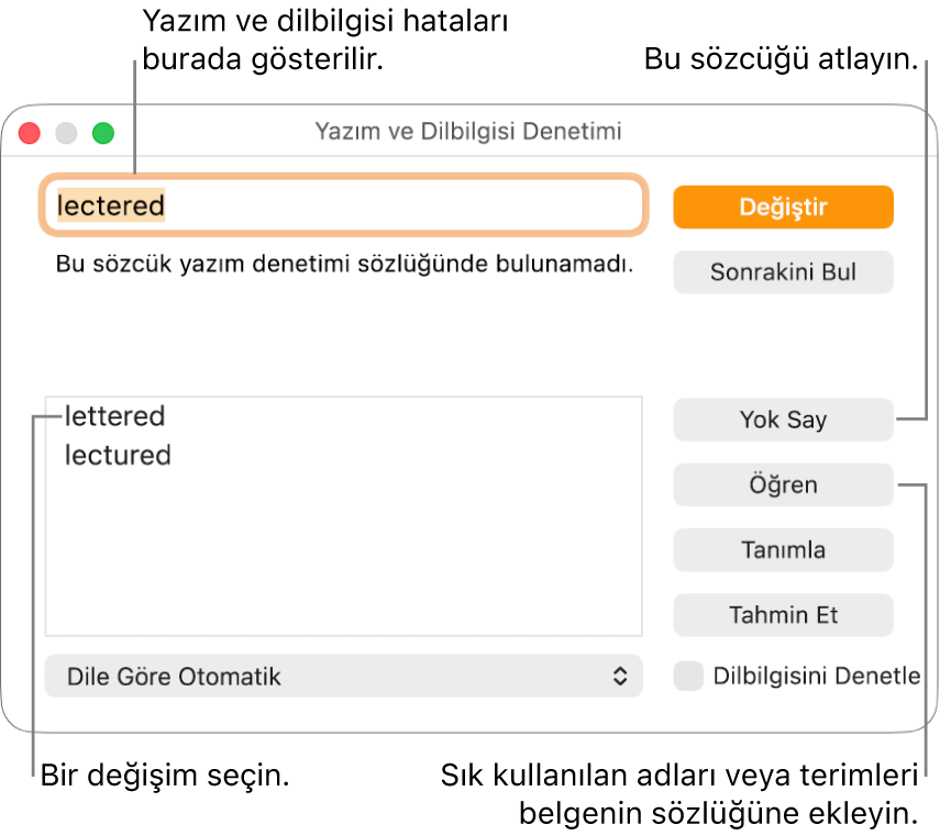 Yazım ve Dilbilgisi Denetimi penceresi.