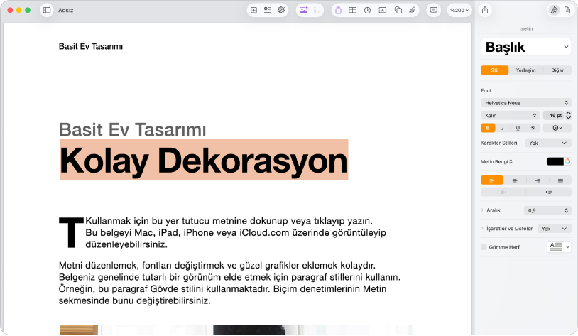 Biçim kenar çubuğu açık ve Metin sekmesi seçili olarak açık bir belge var.