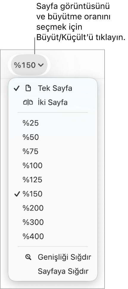 En üstte bir sayfa ve iki sayfa görüntüleme seçeneği, onun altında %25 ile %400 arasında değişen yüzdeler ve en altta Genişliği Sığdır ve Sayfaya Sığdır ile Büyüt/Küçült açılır menüsü.