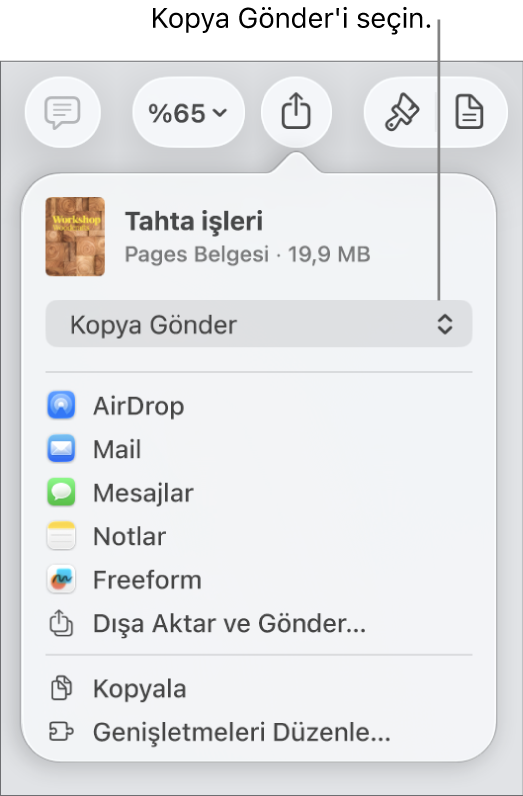 Paylaş menüsü, en üstte Kopya Gönder seçili.