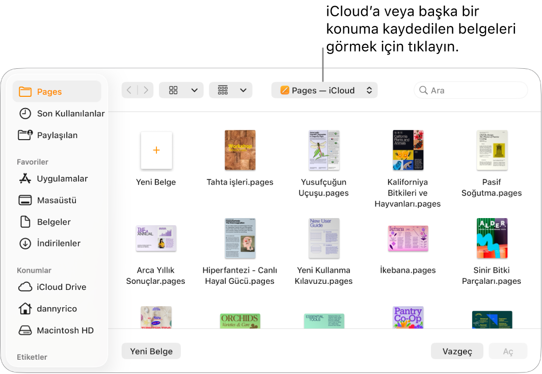 Solda kenar çubuğu açık şekilde Aç sorgu kutusu ve en üstteki açılır menüde iCloud Drive seçili. Sorgu kutusunda Pages klasörü ve Yeni Belge düğmesi görünür.