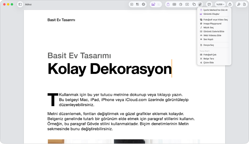 Ortam Ekle menüsü görünür durumda açık bir belge.
