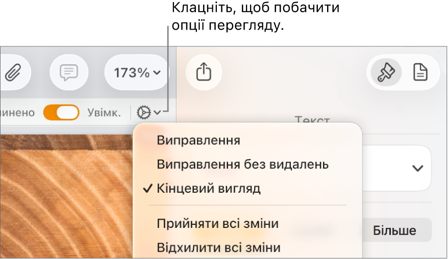 Меню опцій рецензування з елементами «Виправлення», «Вправлення без видалень» та «Остаточний».