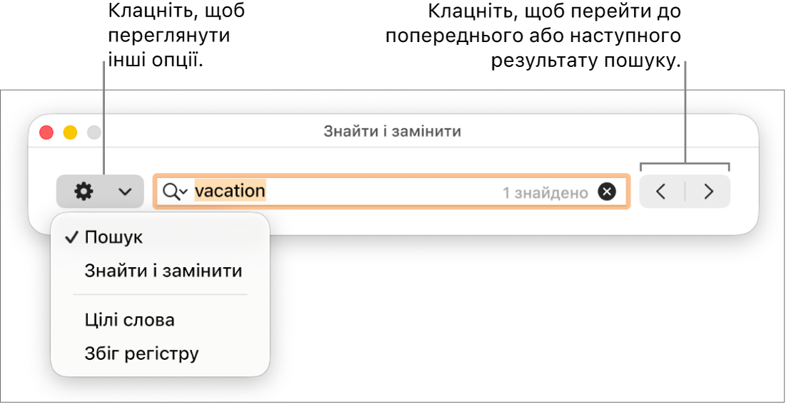 Вікно «Пошук і заміна» зі спливним меню опцій «Пошук», «Пошук і заміна», «Цілі слова» та «Збіг регістру». Стрілки праворуч дають змогу перейти до попереднього або наступного результату пошуку.