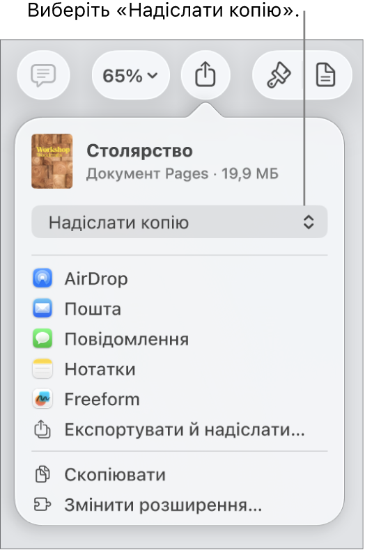 Меню «Поширення», у якому вгорі вибрано елемент «Поширити копію».