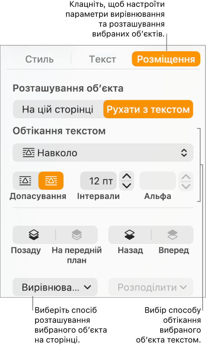 Меню «Формат», відображається бокова панель «Розміщення». Угорі бічної панелі «Розміщення» відображається налаштування «Розташування обʼєкта», а нижче «Обтікання текстом».