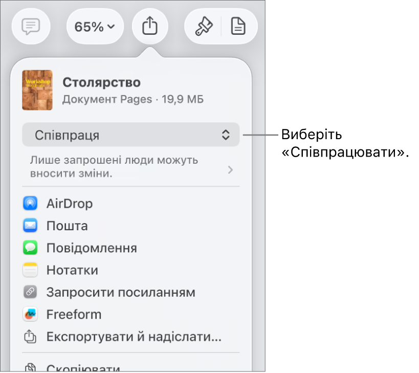 Меню «Поширити» з вибраним угорі елементом «Співпраця», а також параметрами доступу й дозволів унизу.