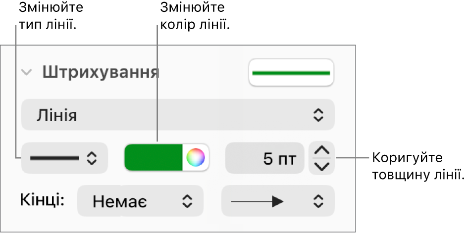 Елементи керування штрихуванням для визначення кінцевих точок, товщини ліній і кольору.