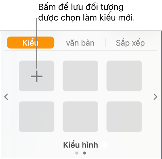 Tab Kiểu của thanh trượt Định dạng, với nút Tạo kiểu ở góc phía trên bên trái và năm trình giữ chỗ kiểu trống.