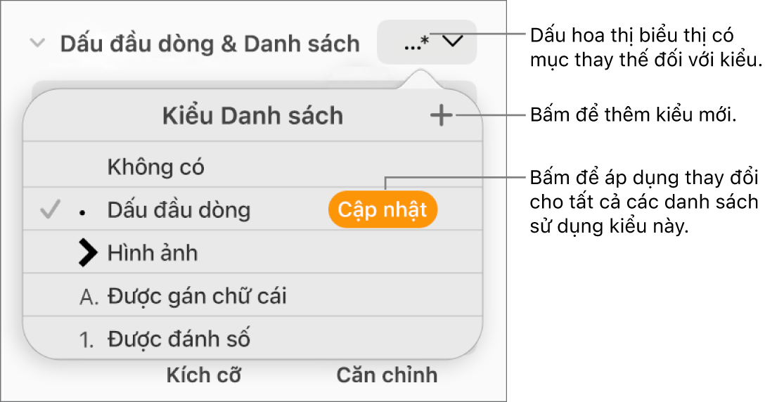 Menu bật lên Kiểu danh sách với dấu hoa thị biểu thị giá trị thay thế và các lời nhắc đến nút Kiểu mới và menu con chứa các tùy chọn quản lý kiểu.
