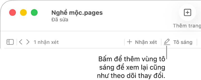 Thanh menu đang hiển thị menu Chèn và bên dưới đó là thanh công cụ Pages với các công cụ kiểm tra đang hiển và chỉ thị nút Tô sáng.