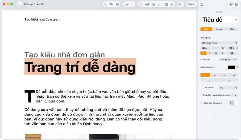 Tài liệu đang mở với thanh bên định dạng được mở và tab văn bản được chọn.